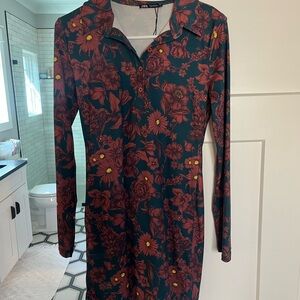 Zara Teal and Red Floral Long Sleeve Dress